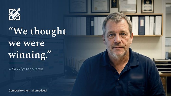 Play the 32-second video testimonial from the founder of a home-services business. “We thought we were winning.” About $47,000 a year recovered.